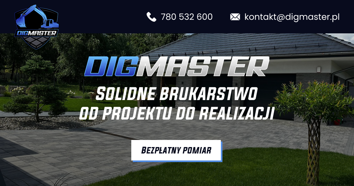 Układanie kostki brukowej na podjeździe przed nowoczesnym domem z opaskami i zielonym trawnikiem