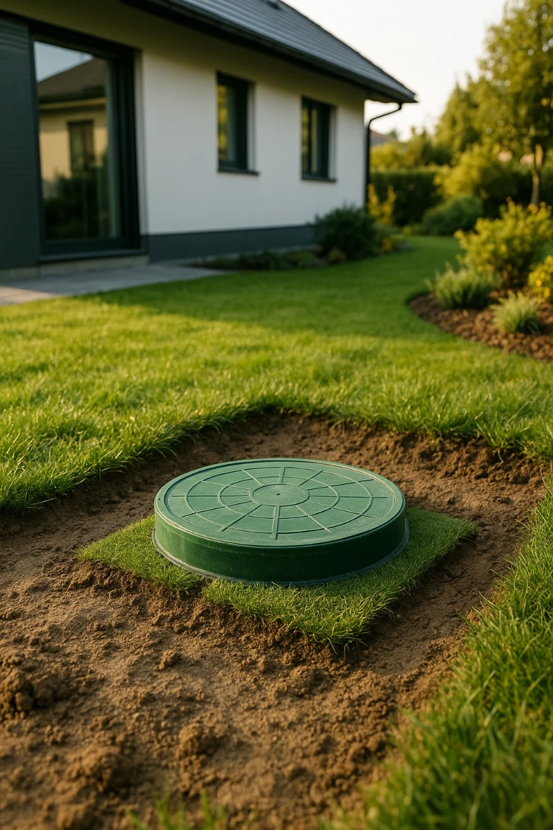 Zielony właz studni chłonnej osadzony w wykopie i przykryty kawałkiem trawiastej nawierzchni na tle posesji