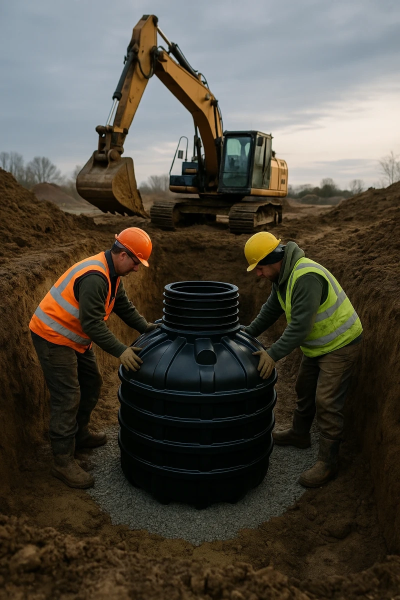 Dwóch robotników w kaskach montuje plastikową studnię chłonną w wykopie, koparka w tle