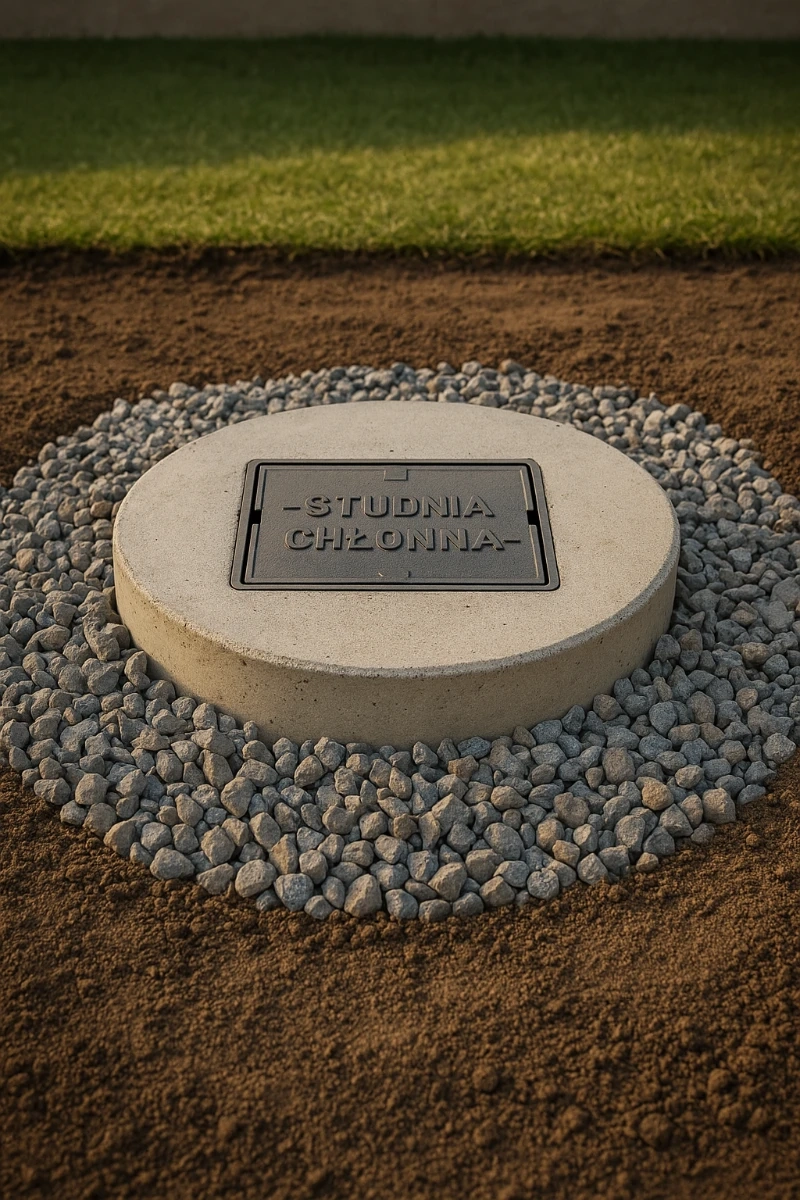 Studnia chłonna z betonowym kręgiem i stalową pokrywą na podsypce kamiennej