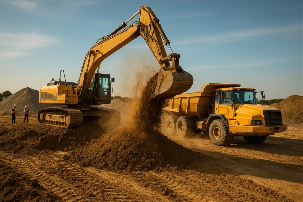Koparka załadowuje ziemię do wywrotki podczas wymiany gruntów