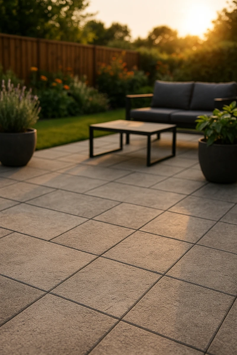 Płytki betonowe ułożone na tarasie z sofą i stolikiem między dużymi donicami