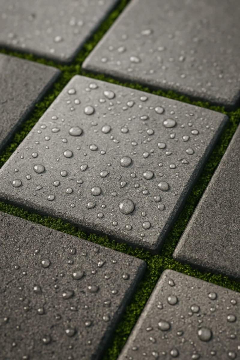 Mokra powierzchnia z płytek betonowych z kroplami wody i zielonym mchem