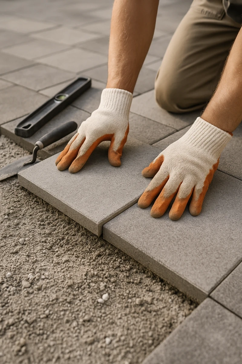 Ręce w rękawicach układające betonowe płytki na wyrównanej podbudowie