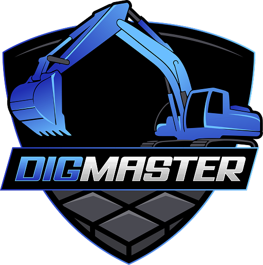 Logotyp firmy z niebieską koparką reprezentującą wynajem maszyn